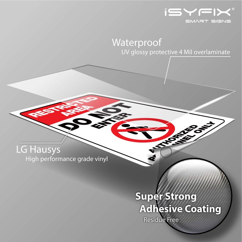 iSYFIX Restricted Area, Do Not Enter, Authorized Personnel Only Signs Stickers - 2 Pack 7x10 Inch - Premium Self-Adhesive Vinyl, Laminated for UV, Weather, Scratch & Fade Resistance, Indoor & Outdoor - Image 3